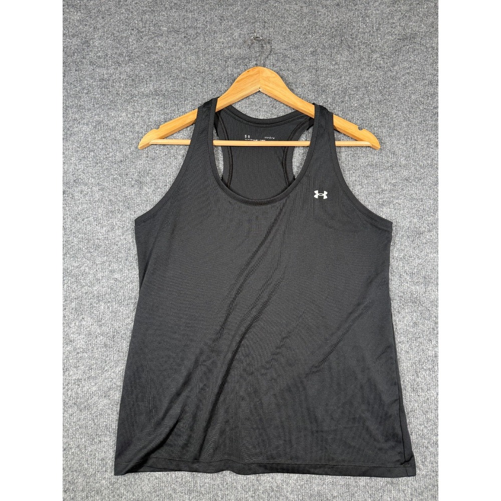 Under Armour HeatGear Racerback Tank Top Womens Large Black Loose Fit Wide Strap